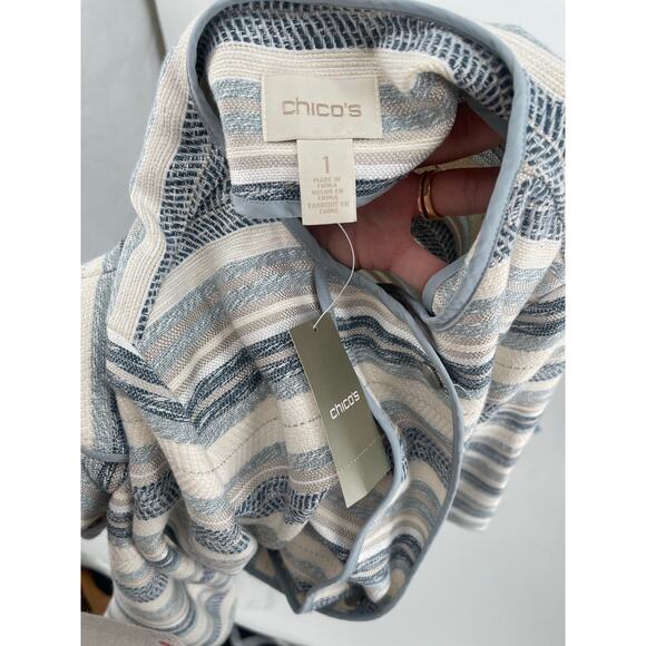 NWT Chico’s Jacket Ocean‎ Stripe 3/4 Sleeve Snap Zip Closure Zip Pockets Size M - Picture 8 of 10